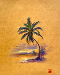Palm tree at sunset, original painting on toned paper